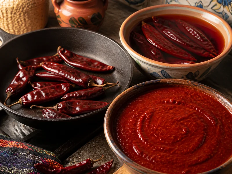 Dried guajillo pods toasting in a dry pan and soaking in hot water, beside a bowl of the blended red chile sauce they make