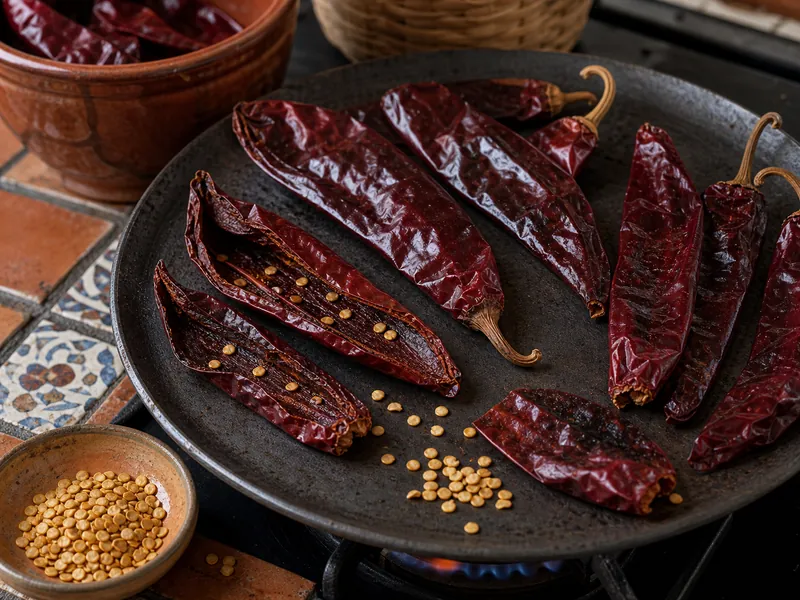 Dried guajillo chiles toasted open on a comal with seeds nearby
