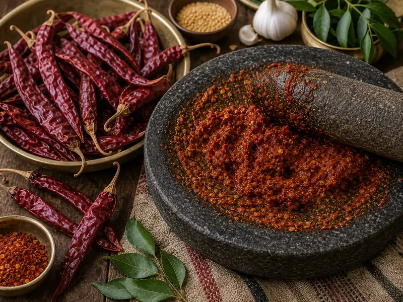 Guntur chilies sorted for Indian chili powder