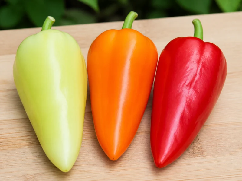 Gypsy peppers at three ripening stages, pale yellow-green, orange and red, on a board