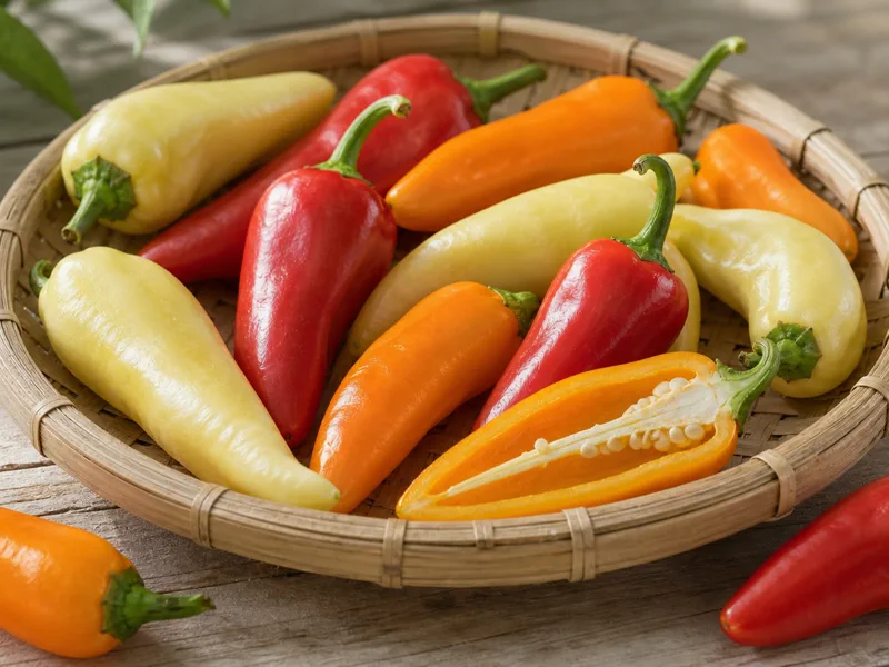 Yellow, orange, and red Gypsy peppers in a basket with one sliced pepper