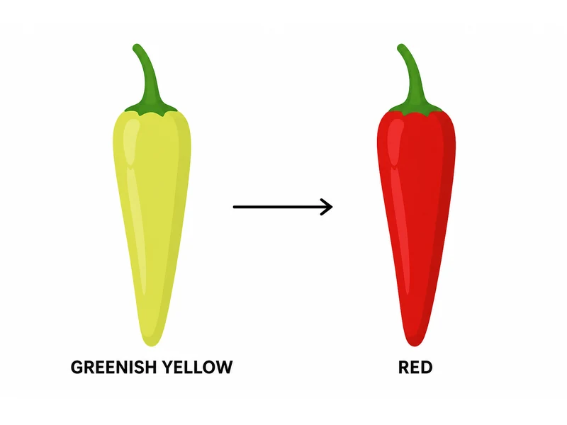 Gypsy pepper ripening from the light greenish yellow stage to red, the two stages All-America Selections names