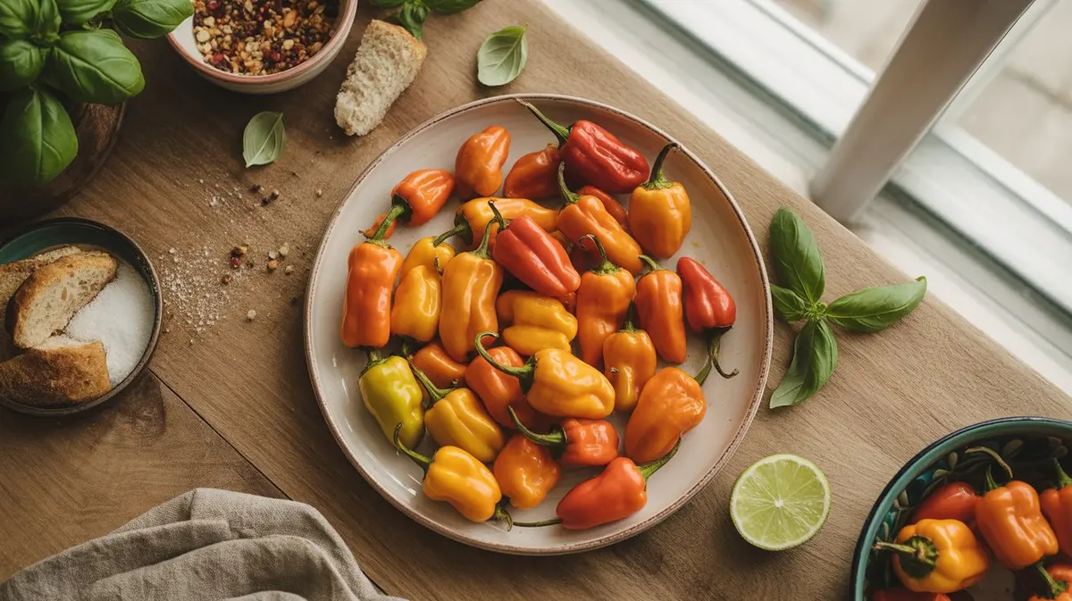 Fresh Habanada peppers showing color, shape and texture