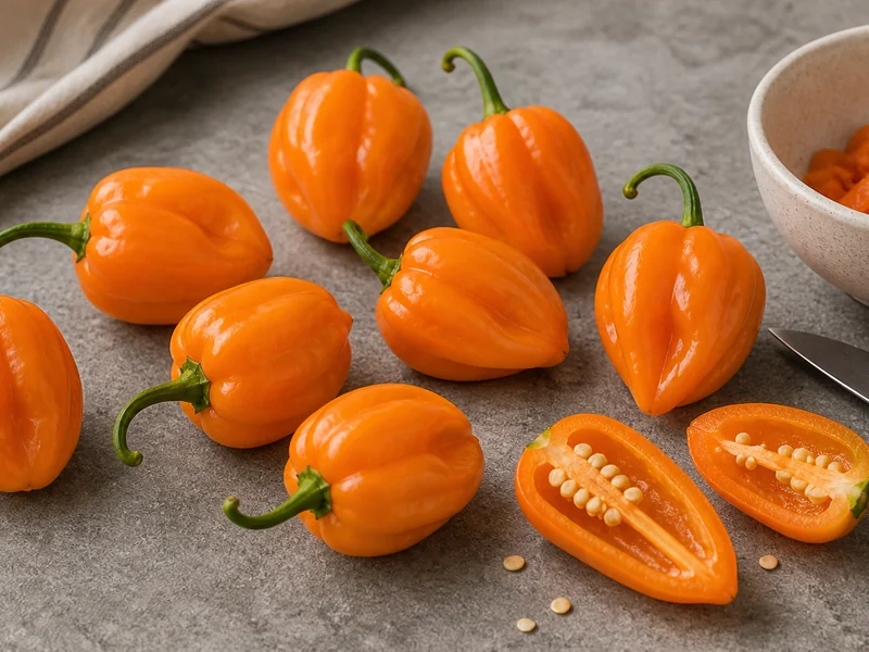 Orange lantern Habanada peppers with one sliced pod