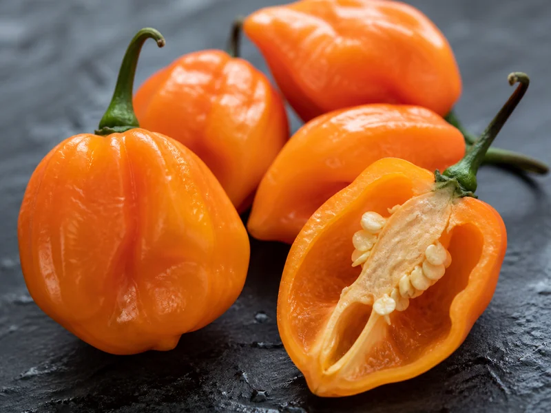Orange habaneros on dark slate, one cut open showing the pale placenta the seeds attach to rather than the seeds carrying the heat