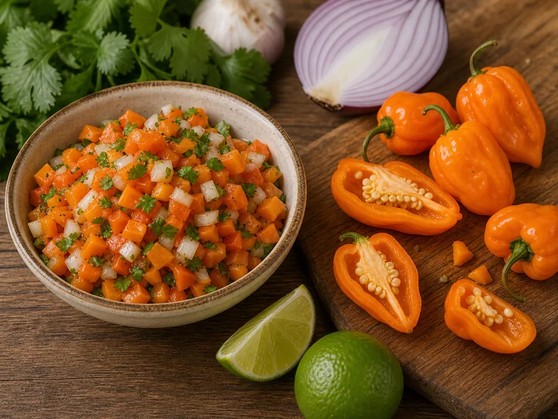 Orange habaneros chopped with lime and onion for salsa