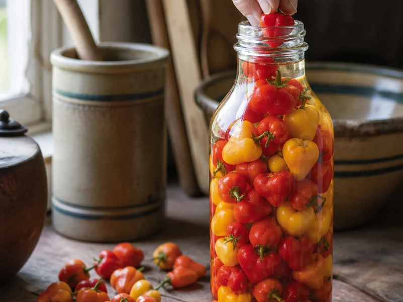 Small heart-shaped Hinkelhatz peppers packed into a jar of vinegar for pepper vinegar