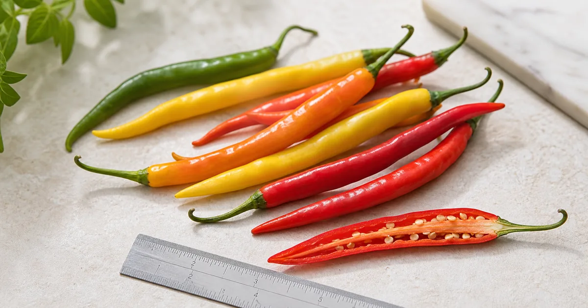 Ho Chi Minh Hot peppers ripening from yellow to red with one sliced pod showing seeds