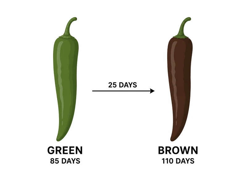 Holy Mole ripening from green at 85 days to dark chocolate brown at 110 days from transplant
