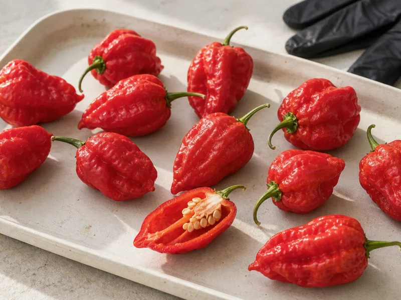 Wrinkled red Hot Paper Lantern peppers with one sliced pod and black handling gloves