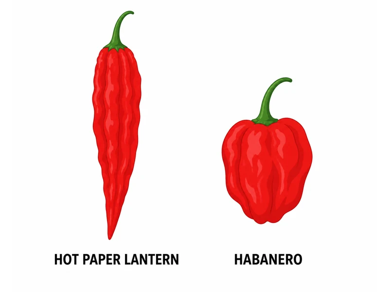Hot Paper Lantern as an elongated wrinkled red pod beside a blocky habanero, shown at the same scale