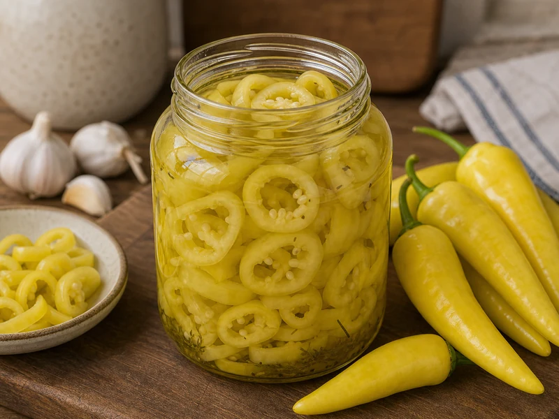 Hungarian Hot Wax pepper rings packed in a clear pickling jar