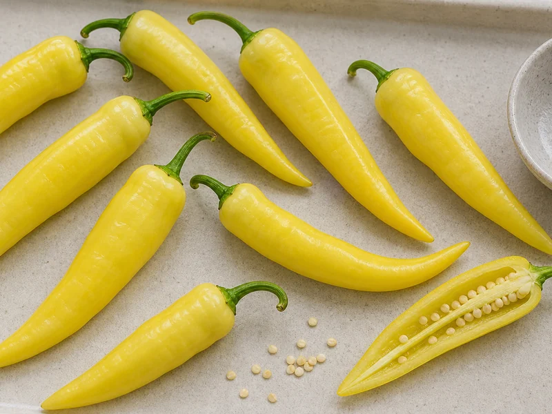 Yellow Hungarian Wax peppers with one sliced pod showing tapered shape