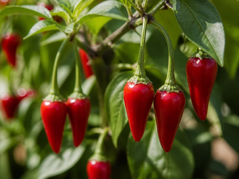 Small pendant teardrop Inca Red Drop pods hanging from the plant, deep red against green leaves