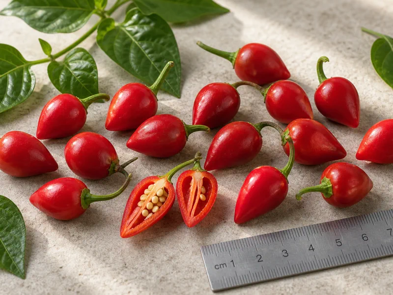 Small red Inca Red Drop peppers with one cut pod and a small ruler for scale