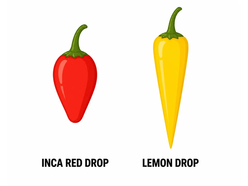 Inca Red Drop as a small red pendant teardrop pod beside the Lemon Drop as a longer yellow conical pod