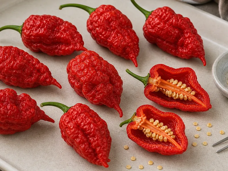 Red wrinkled Infinity Chili peppers with one sliced pod