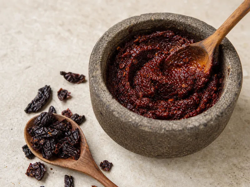 Urfa isot pepper paste in a stone mortar with dark chile flakes nearby