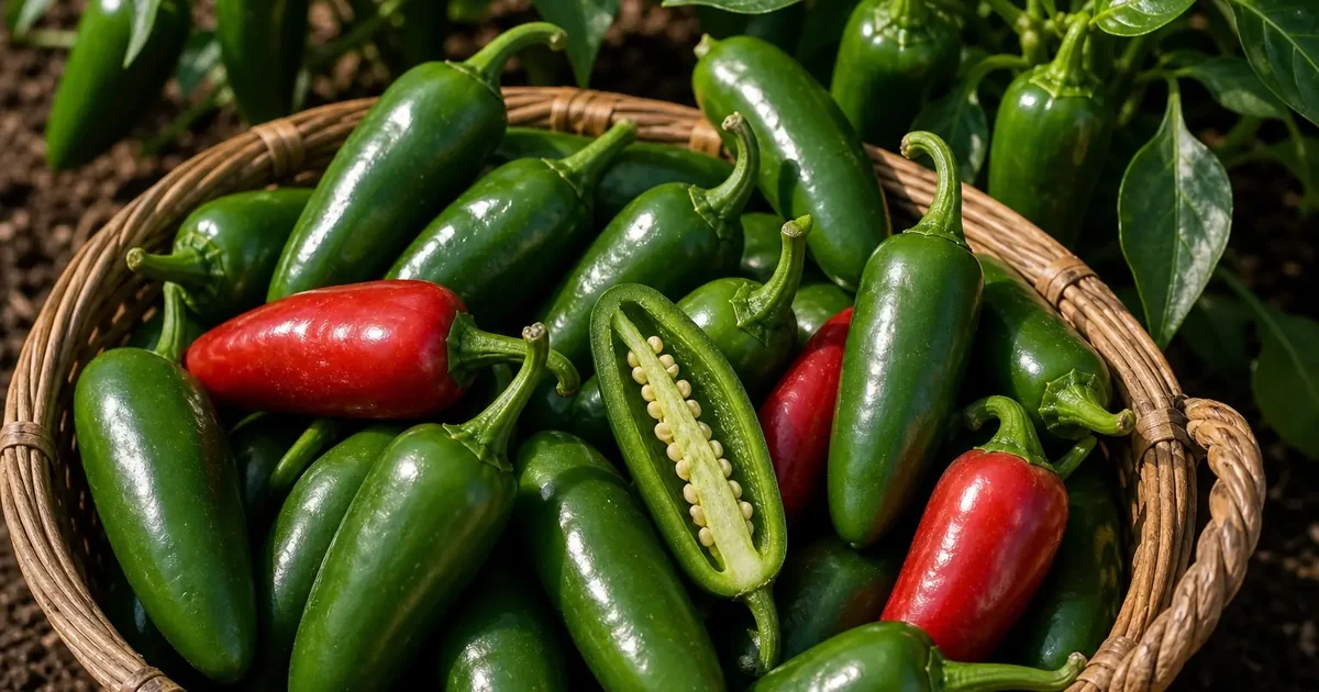 Jalafuego peppers in a harvest basket with one sliced pod showing thick walls and seeds