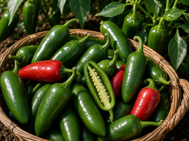 Jalafuego peppers in a harvest basket with one sliced pod showing thick walls and seeds