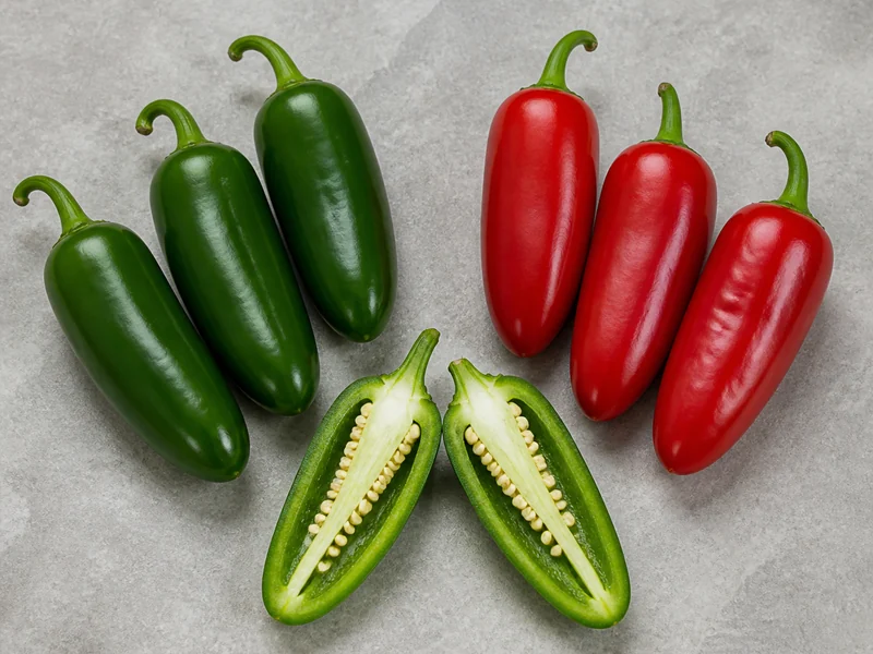Green and fully red jalapenos side by side, with one halved to show the pale rib where the heat sits