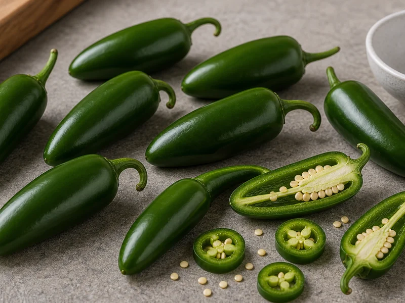Green Jalapeño peppers with one sliced pod showing bullet shape