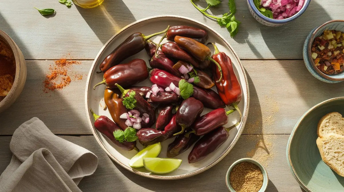 Fresh Jamaican Hot Chocolate peppers showing color, shape and texture