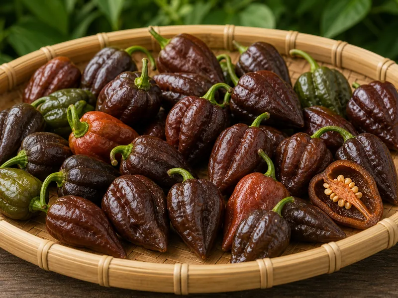 Chocolate lantern Jamaican Hot Chocolate peppers with one sliced pod