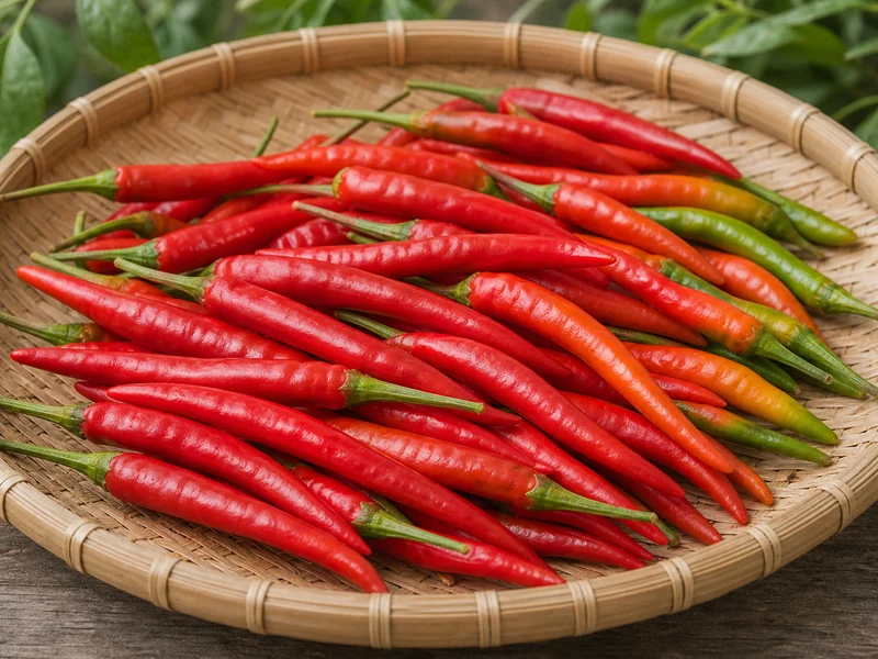 Red elongated Japones Pepper peppers with one sliced pod