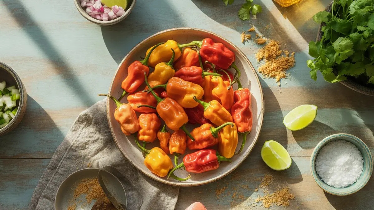 Fresh Jay's Peach Ghost Scorpion peppers showing color, shape and texture