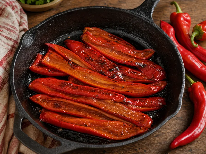 Blistered Jimmy Nardello pepper strips in a cast-iron skillet