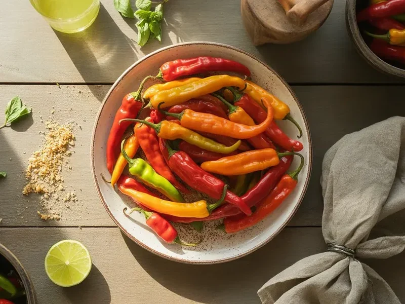 Slender green and red Jwala peppers with a sliced pod and a scale cue on a prep surface