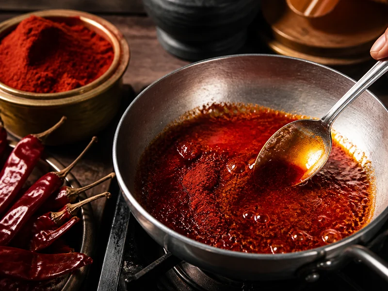 Deep red Kashmiri chilli powder blooming in warm ghee, the fat visibly taking on colour, beside whole dried pods