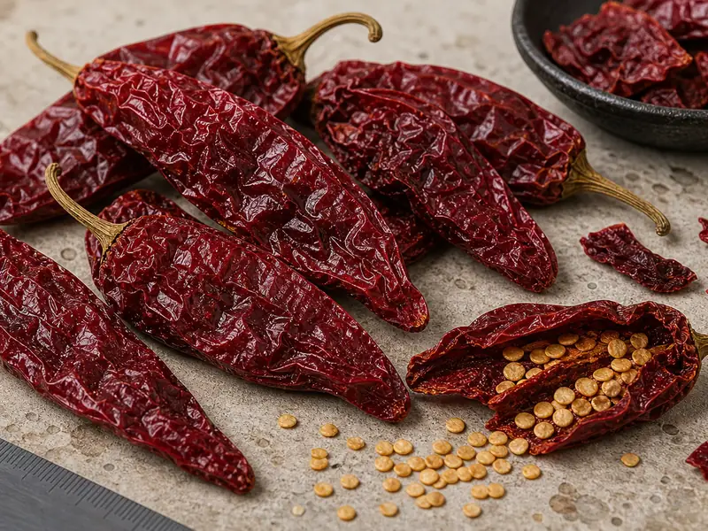Dried Kashmiri Chili pods with one broken-open pepper showing seeds