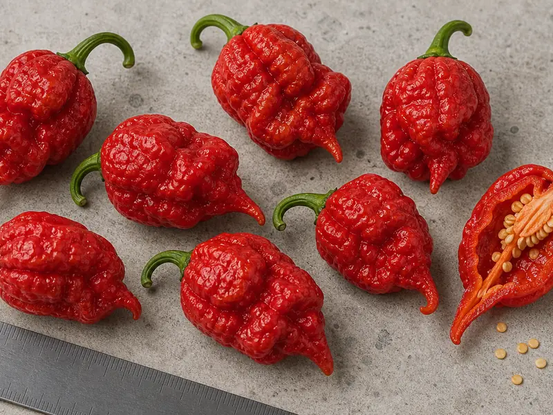 Red wrinkled Komodo Dragon Pepper peppers with one sliced pod