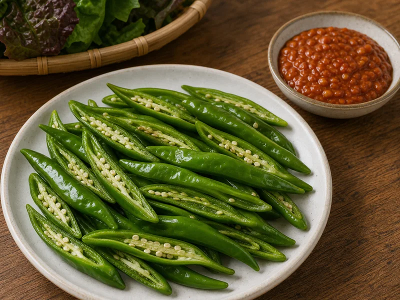 Korean green peppers sliced lengthwise beside a small bowl of dipping paste