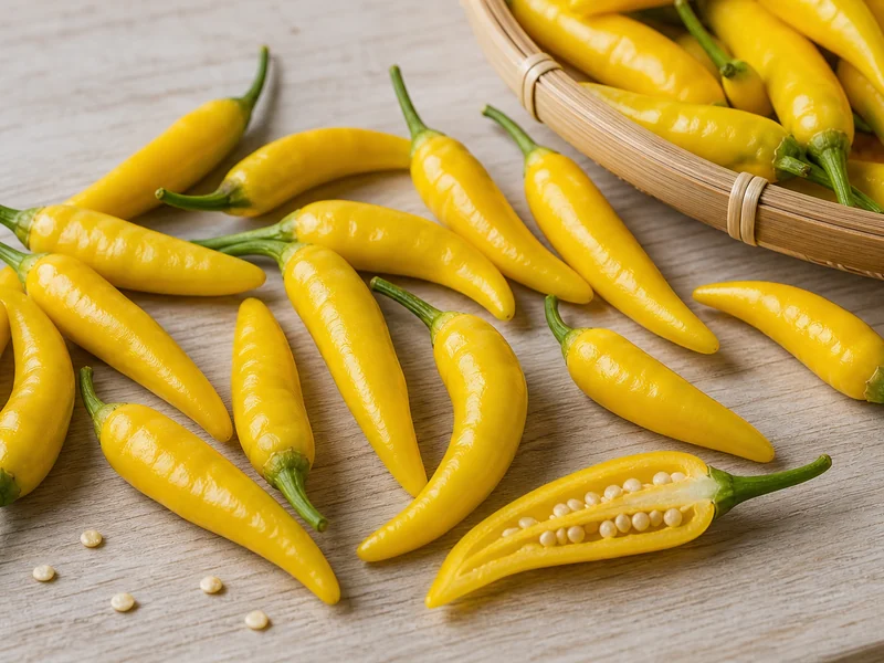 Yellow Lemon Drop peppers with one sliced pod showing elongated shape