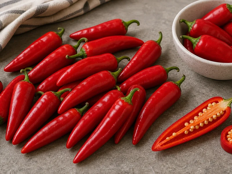 Red tapered Lipstick Pepper peppers with one sliced pod