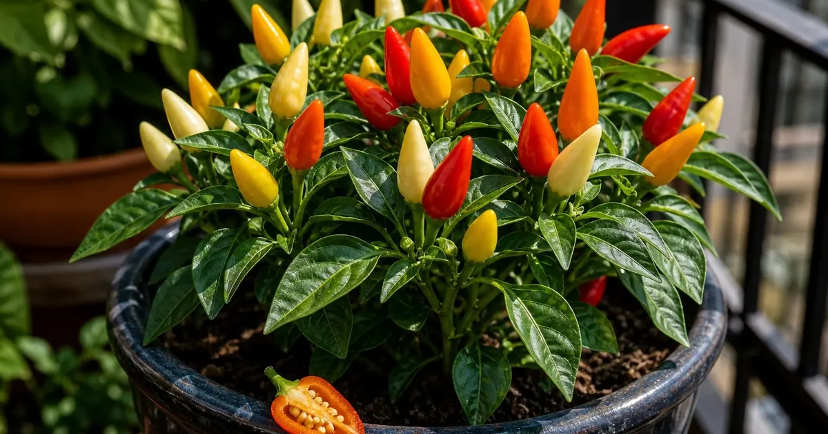 Little Elf ornamental peppers in multiple colors on a potted plant with one cut pod