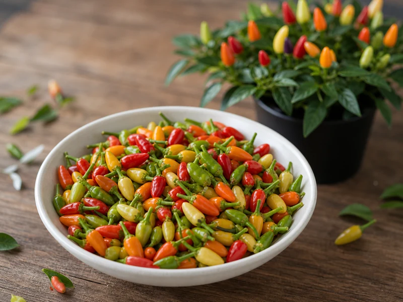 Tiny Little Elf peppers harvested in a bowl with mixed ripening colors