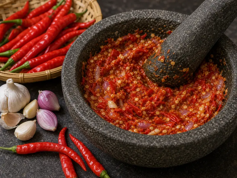 Lombok red chilies crushed in a stone mortar for sambal
