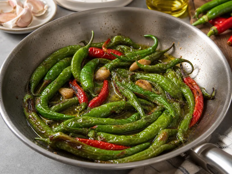 Long Hot Italian peppers blistering in a skillet with olive oil and garlic