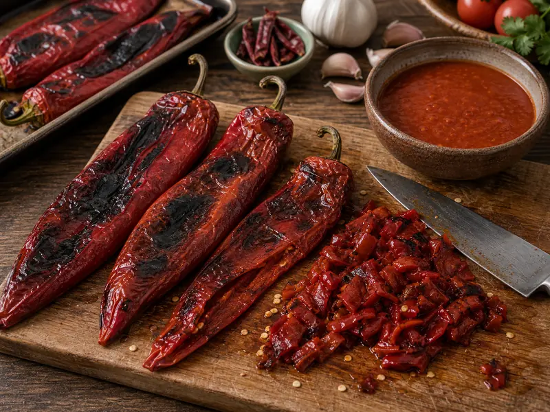 Lumbre chiles roasted for hot red chile sauce
