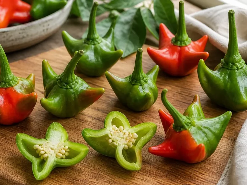 Mad Hatter peppers with crown-shaped pods and two cut halves showing seeds