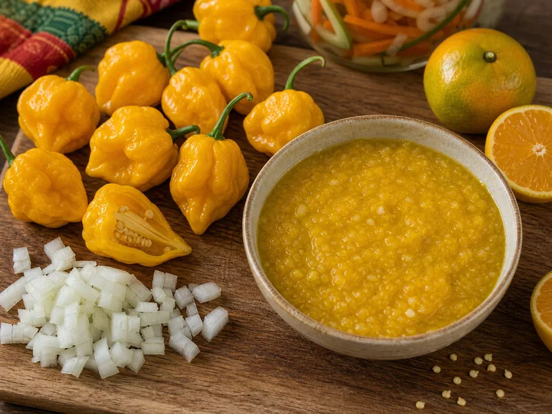 Madame Jeanette peppers cooked into yellow hot sauce