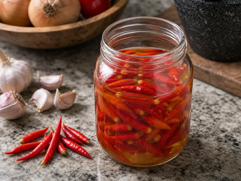 Malagueta peppers steeping in vinegar in a glass jar