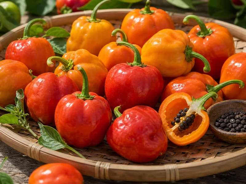Red Manzano Pepper peppers with one sliced pod showing round shape