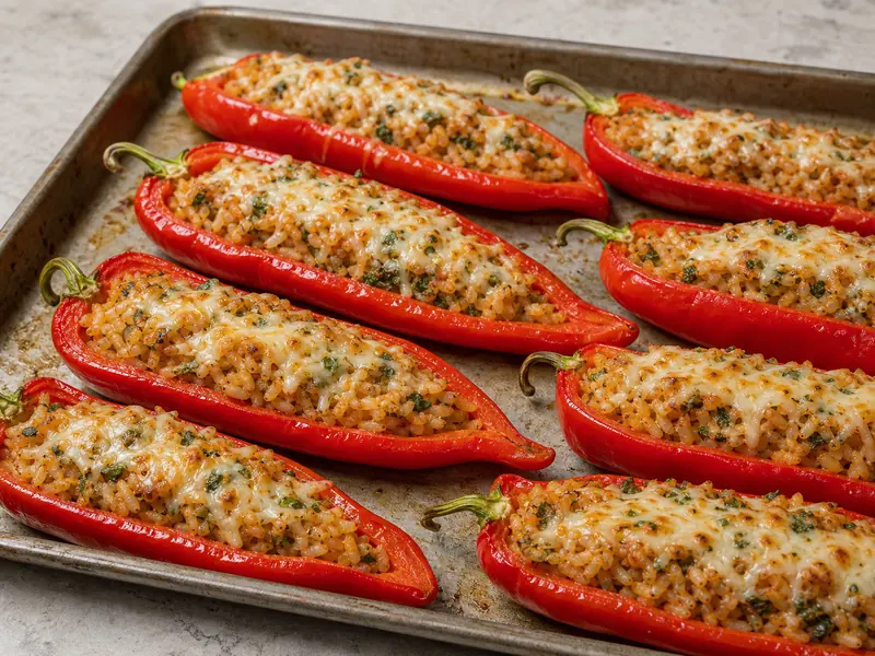Stuffed red Marconi pepper halves on a baking tray