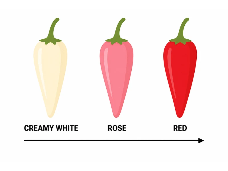 Three ripening stages of mariachi pepper, creamy white then rose then red, each labelled
