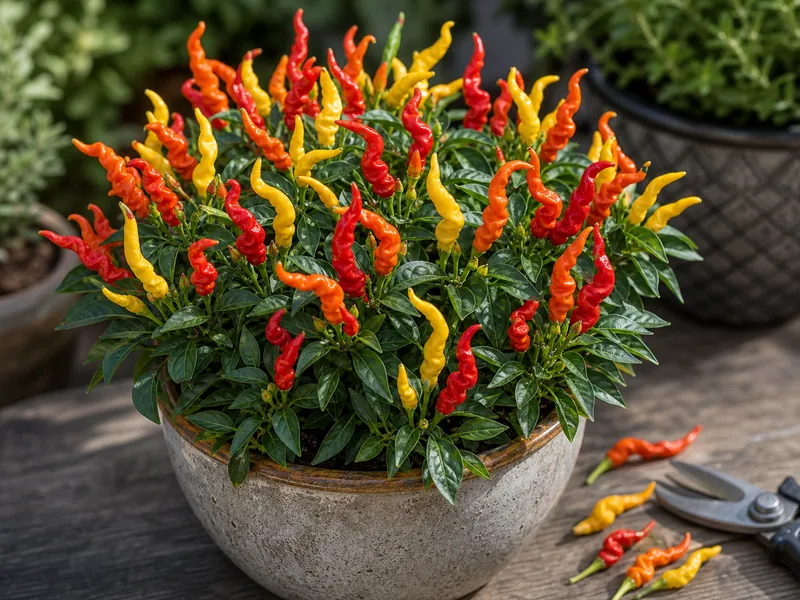 Medusa ornamental pepper plant with twisted colorful pods